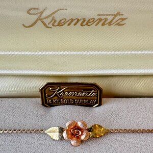 VINTAGE (NEW) KREMENTZ Rose & Leaf 14kt Gold Overlay Bracelet